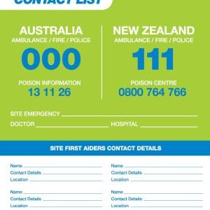 First Aid Contact List, 600 x 400mm